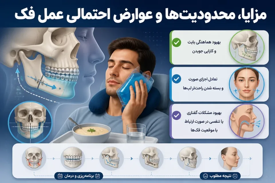 نمای توضیحی درباره مزایا، محدودیتها و عوارض احتمالی عمل فک